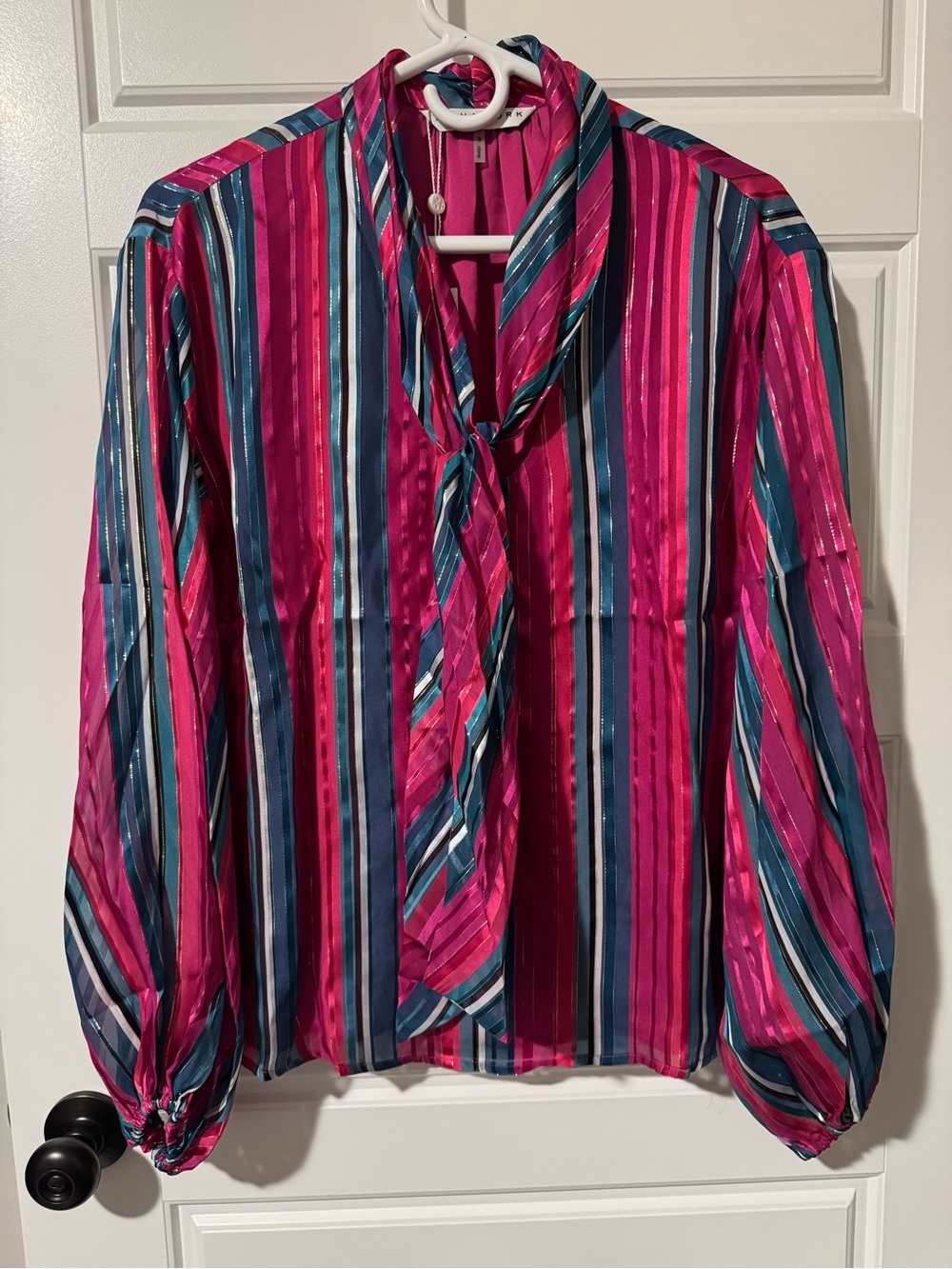 NWT Trina Turk Silk Aquarius Metallic Stripe Tie-Neck Shirt, Pink, Size Small